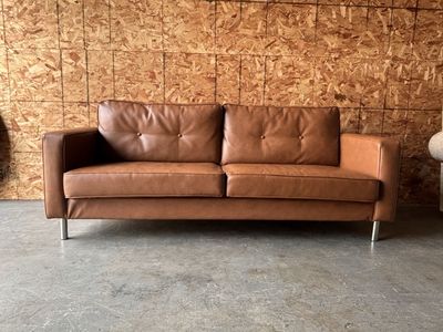 77” Mid-Century Modern Caramel Faux Leather Sofa
