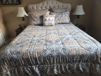 Queen size bed-full set-Frame/ Mattress/Box springs/Headboard, Comforter set