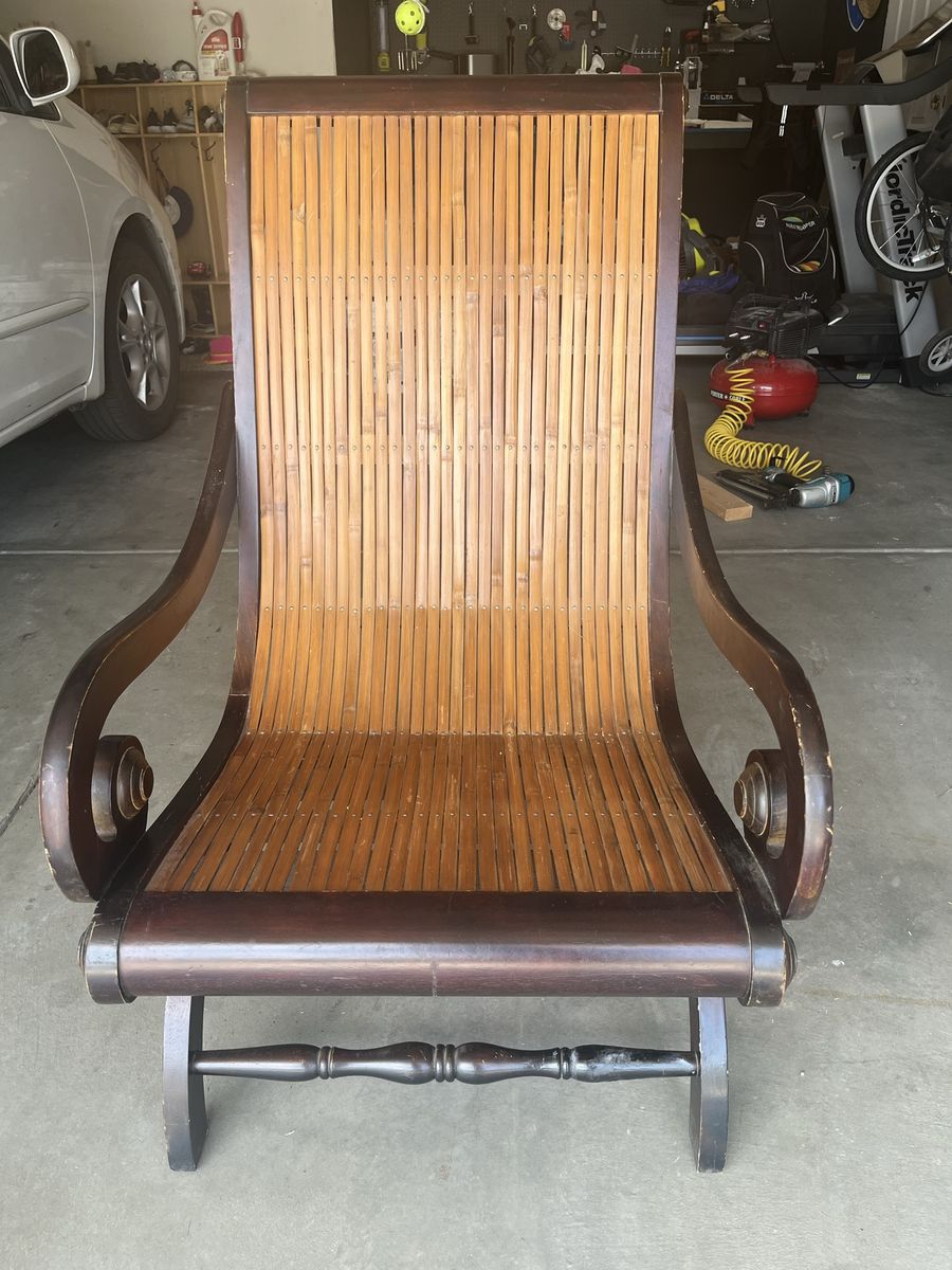 Vintage Bamboo and Wood Chaise Lounge Chair, Dark Wood Finish, Unique Scroll Arms