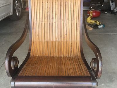 Vintage Bamboo and Wood Chaise Lounge Chair, Dark Wood Finish, Unique Scroll Arms