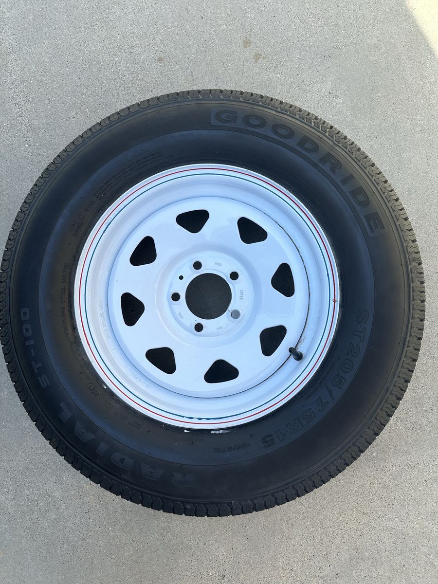 Goodride ST205/75R15 Trailer Tire on White Steel Wheel - New Condition