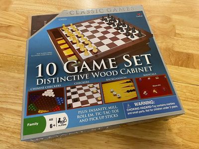 Cardinal Industries 10 Game Set Wooden Cabinet Chess Checkers Backgammon Mancala Tic Tac Toe