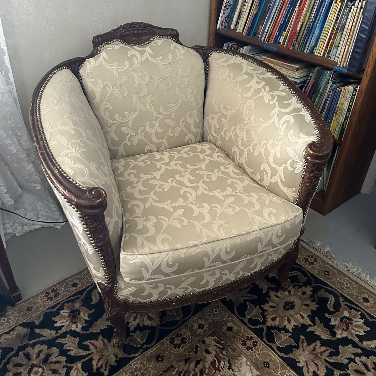 Antique Arm Chair w/ Carved Wood Accents Upholstered in Beige Jacquard Fabric