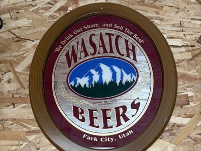 Vintage round wooden framed mirror wasatch beers sign
