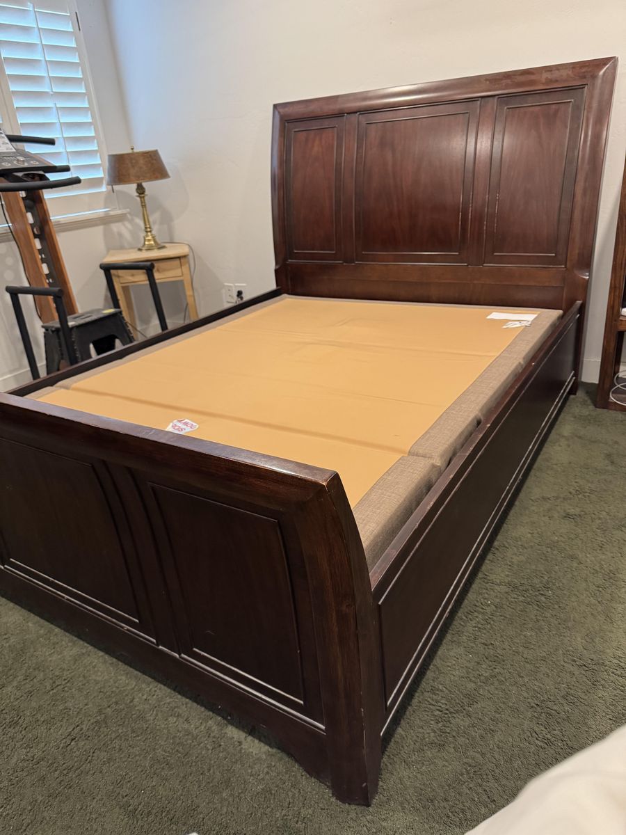 Queen Size Solid Wood Sleigh Bed Frame & Mattress - Dark Wood Finish