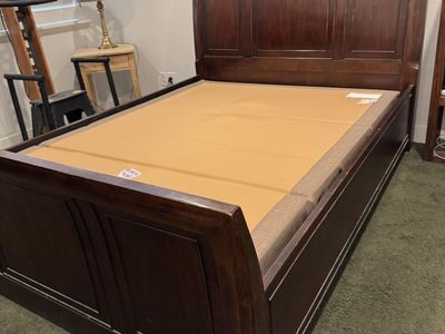 Queen Size Solid Wood Sleigh Bed Frame & Mattress - Dark Wood Finish