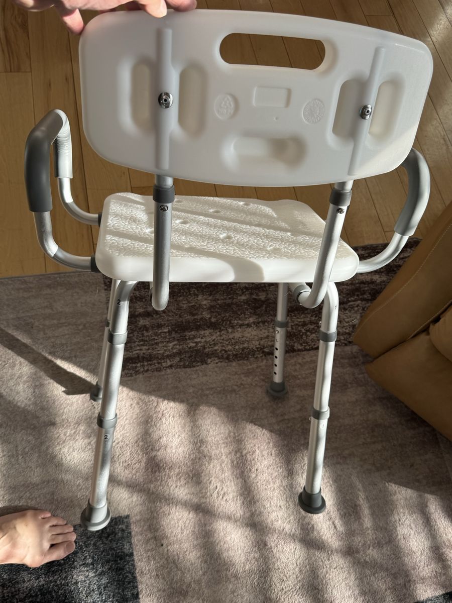 Adjustable Shower Chair with Backrest and Padded Armrests - White/Gray Medical Bath Seat