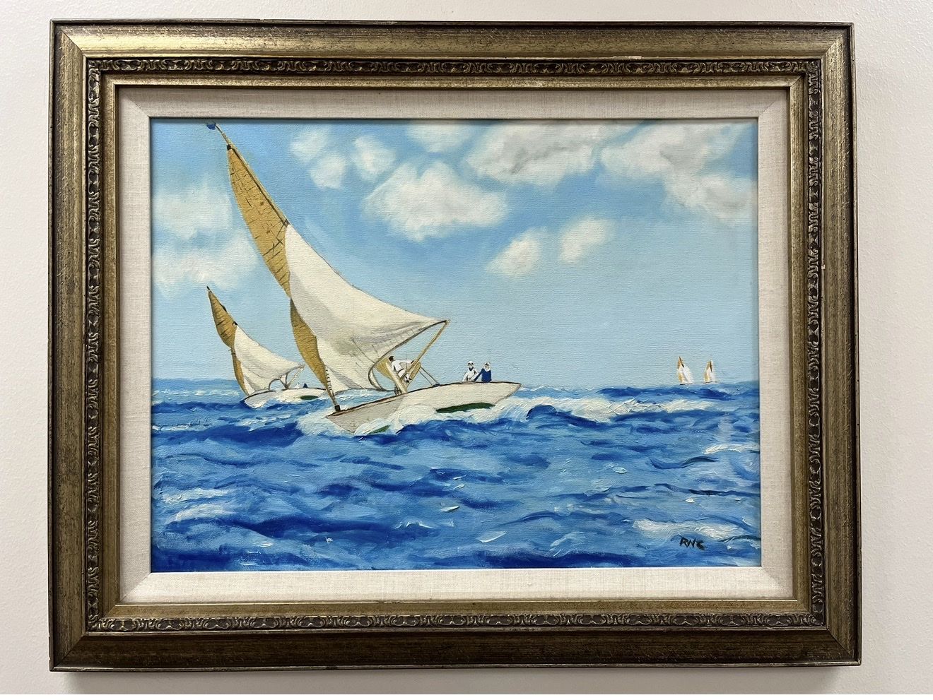 Framed Seascape Sailboat Oil on Canvas Painting Signed RWC