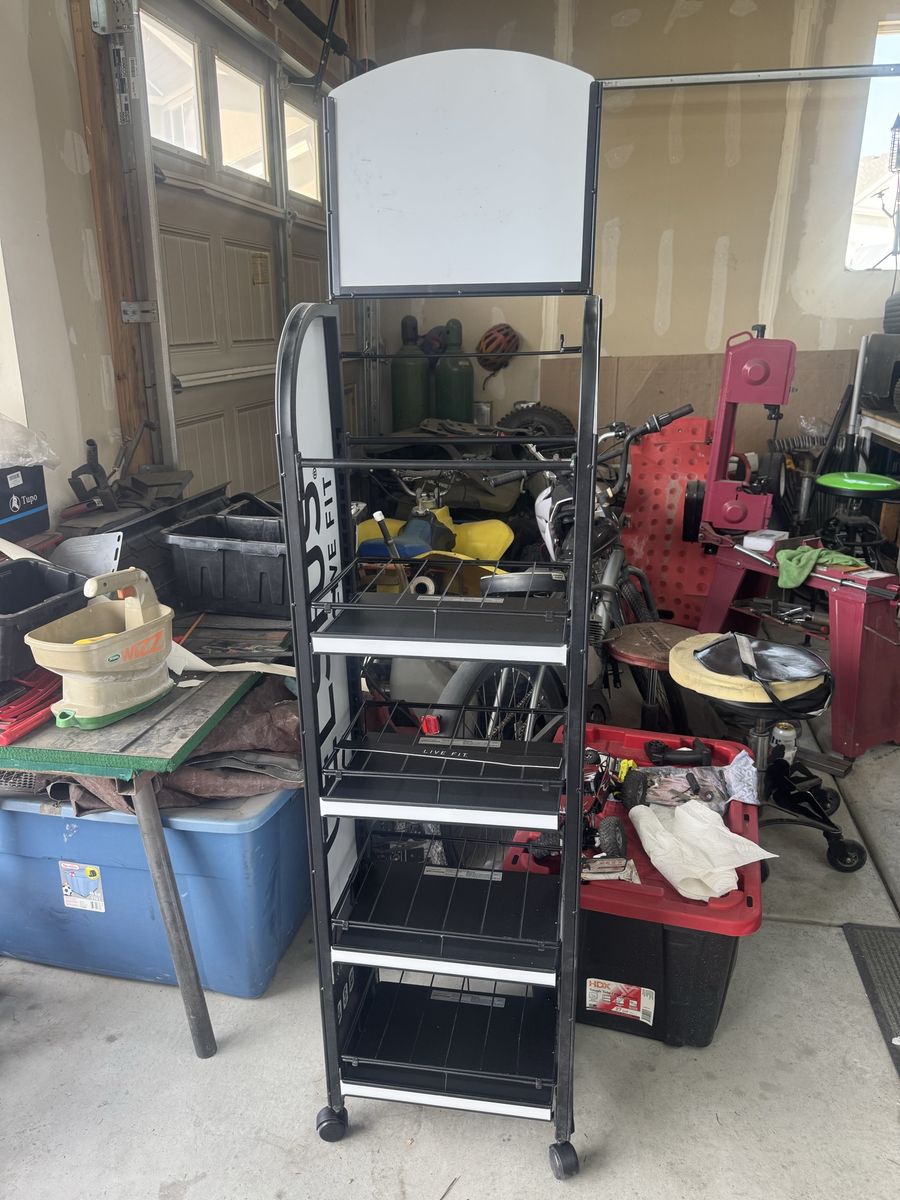 Live Fit Rolling Retail Display Rack with 4 Shelves and Signage