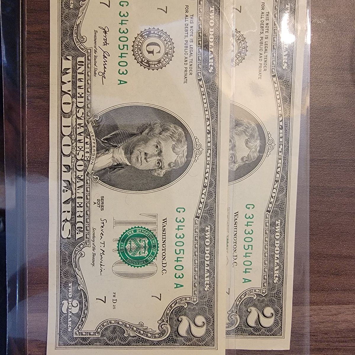 2 ea sequential $,2 bills.