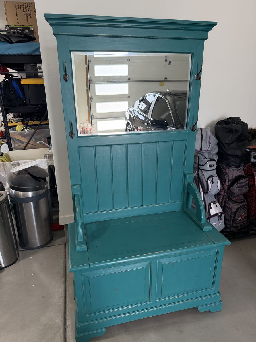 Teal Wooden Entryway Hall Tree with Mirror, Coat Hooks & Storage Bench