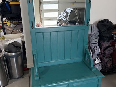 Teal Wooden Entryway Hall Tree with Mirror, Coat Hooks & Storage Bench
