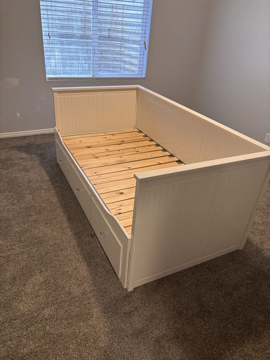 2 White IKEA Daybed with Storage Drawers - Twin Size Bed Frame, Wood Slats
