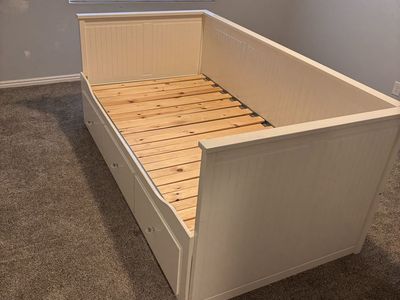 2 White IKEA Daybed with Storage Drawers - Twin Size Bed Frame, Wood Slats