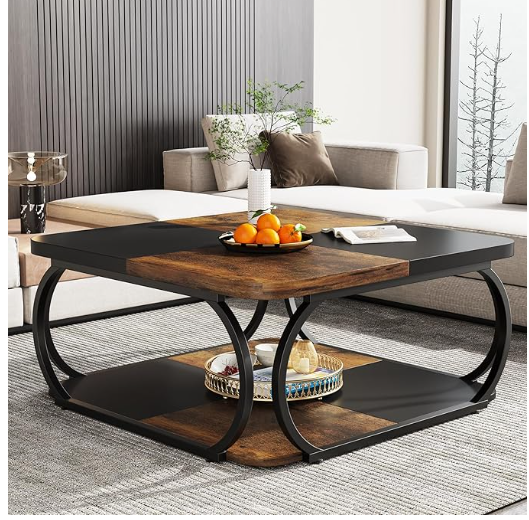 Square 39.5 Inch Coffee Table with 2 Tiers, 40 inches Low Farmhouse Coffee Table, Black Rustic Brown