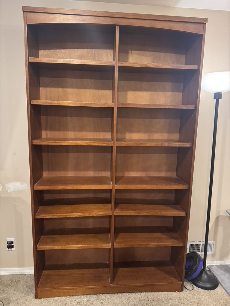 2 Large (7 ft) Solid Wood Bookcases - Movable Shelves, Double Column Storage Unit