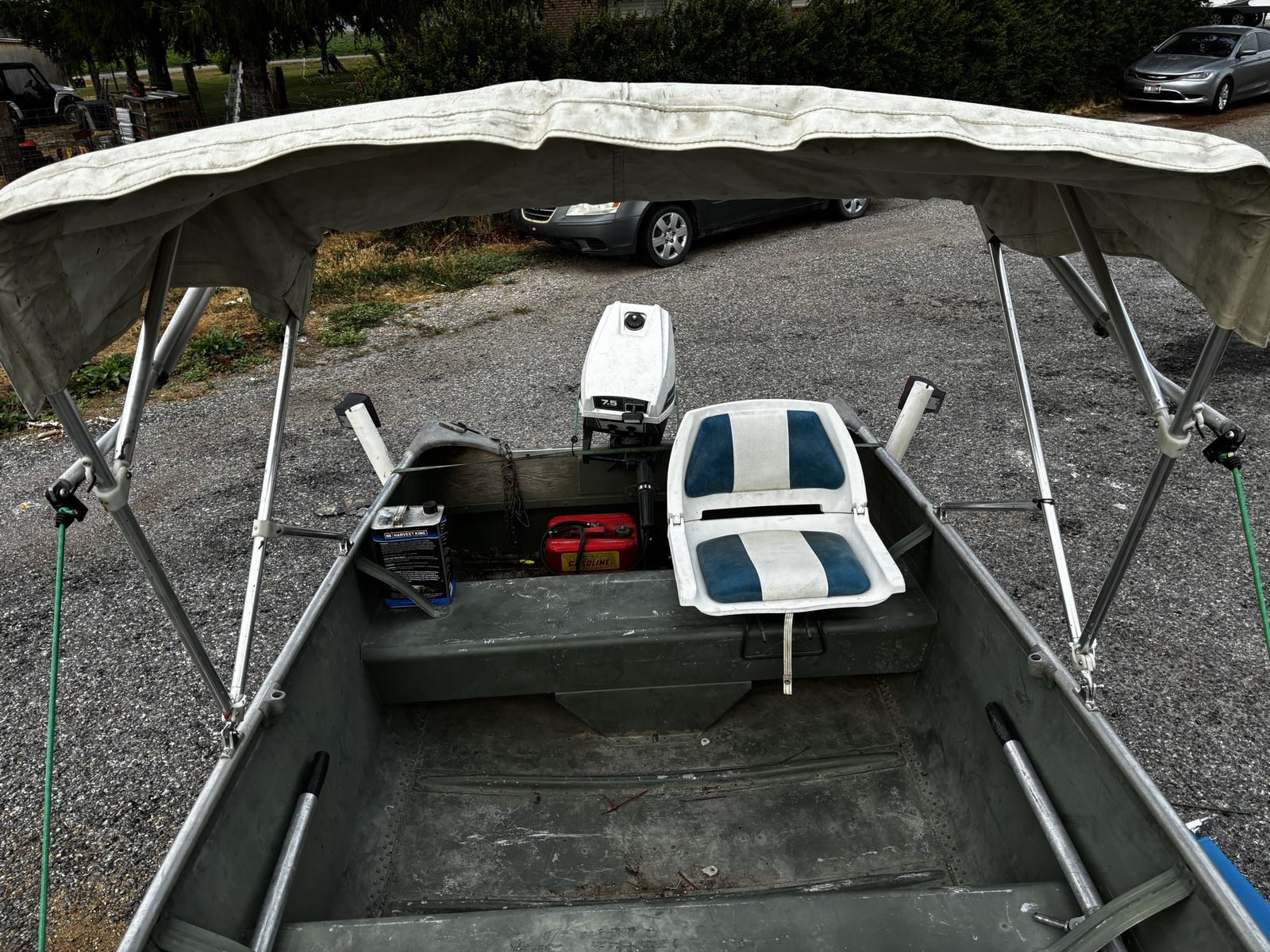Aluminum Fishing Boat with Motor, Bimini Top, and Oars