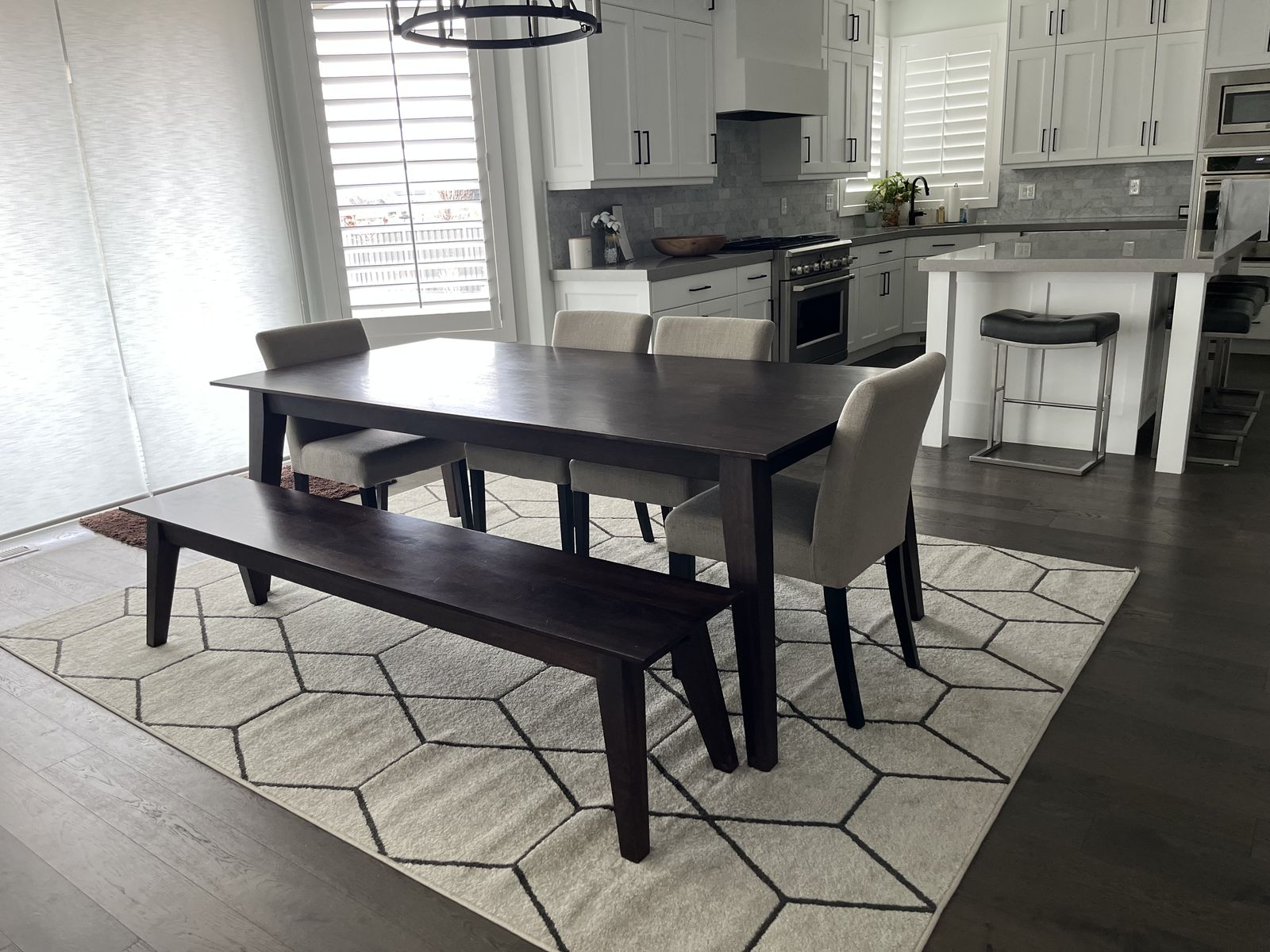 Dark wood 82”x 40” table w/ wood bench and chairs