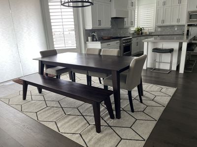 Dark wood 82”x 40” table w/ wood bench and chairs