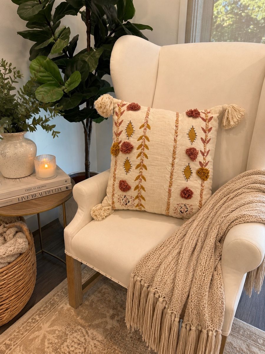Boho Embroidered Decorative Accent Pillow with Tassels and Pom Poms