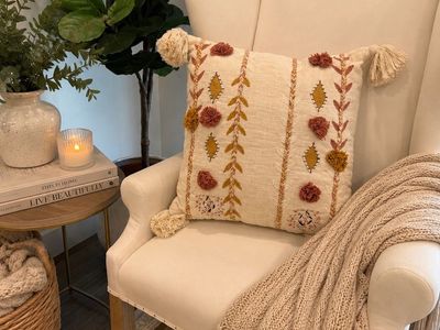 Boho Embroidered Decorative Accent Pillow with Tassels and Pom Poms