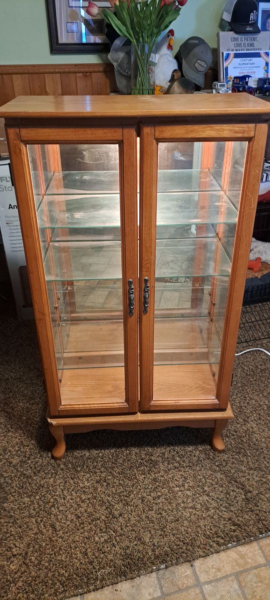Wooden Display Curio Cabinet with Glass Shelves and Lighting - Great for Collectibles