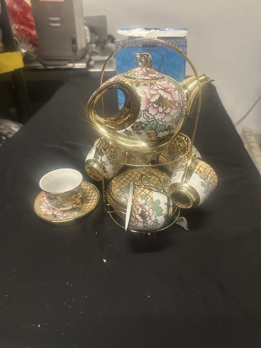13-Piece Gold-Trimmed Floral Teapot & Demitasse Cup Set with Metal Stand