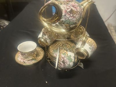 13-Piece Gold-Trimmed Floral Teapot & Demitasse Cup Set with Metal Stand