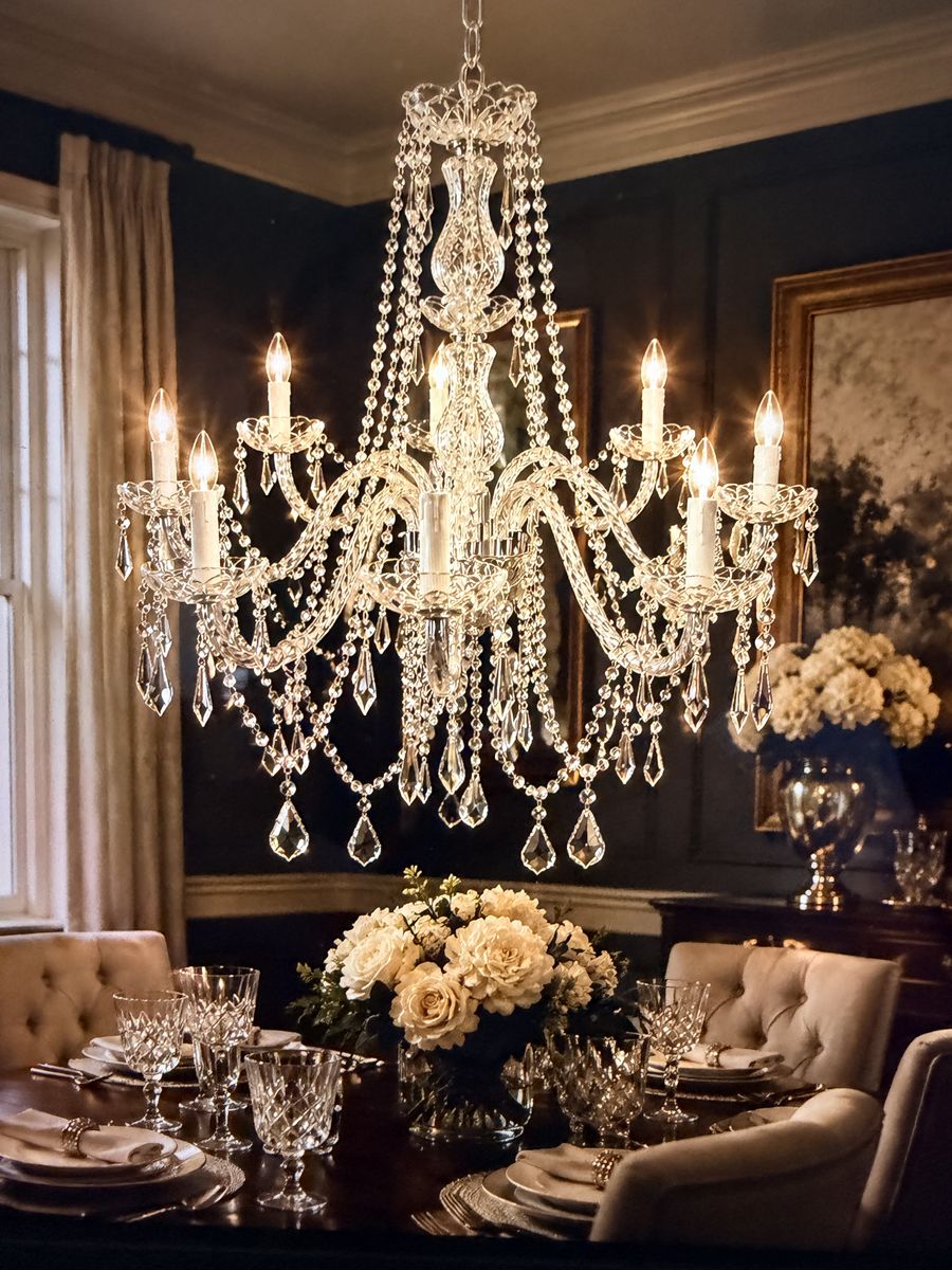 Elegant Crystal Chandelier - Clear Glass Droplets, 8-Arm Candle Style