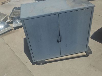Used Blue Steel Rolling Storage Cabinet with Double Doors and Shelves