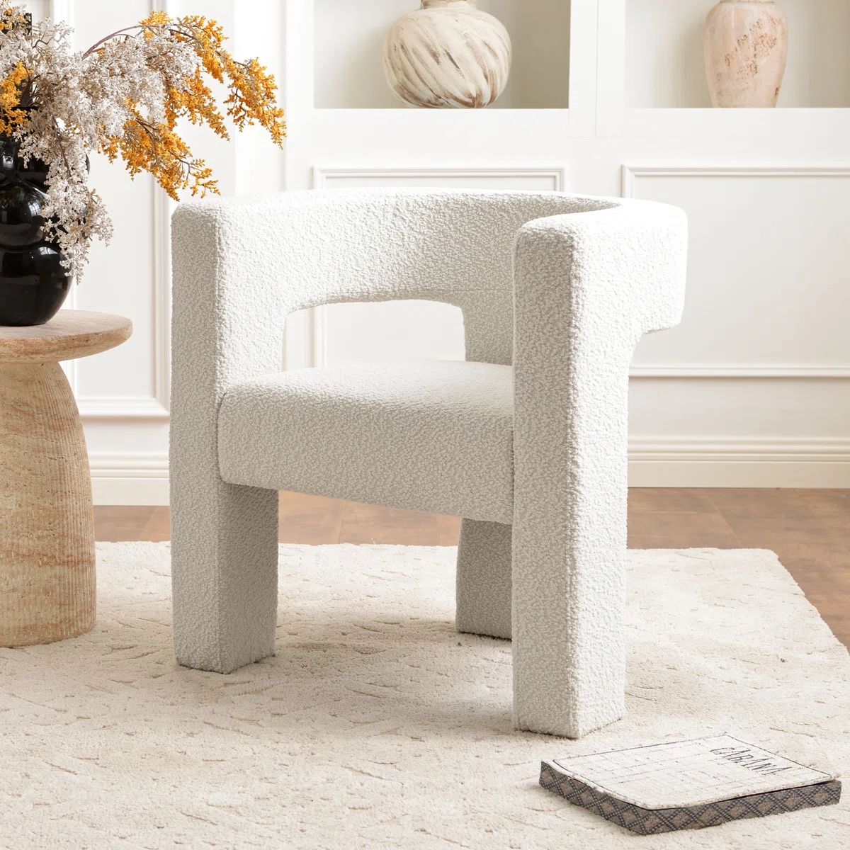 DAYALANE Modern Boucle Accent Chair - White Teddy Fabric Armchair for Living Room or Bedroom