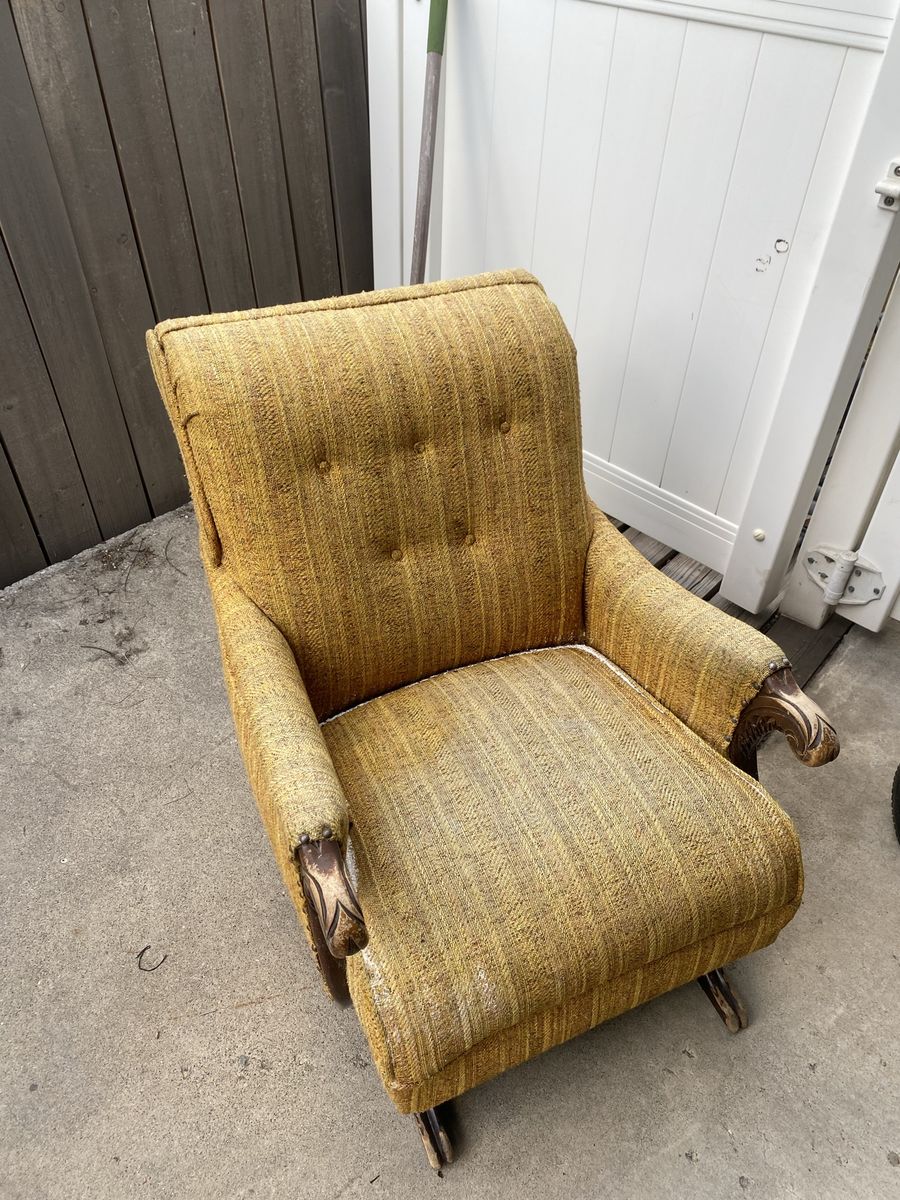 Vintage Gold Upholstered Rocking Chair with Carved Wood