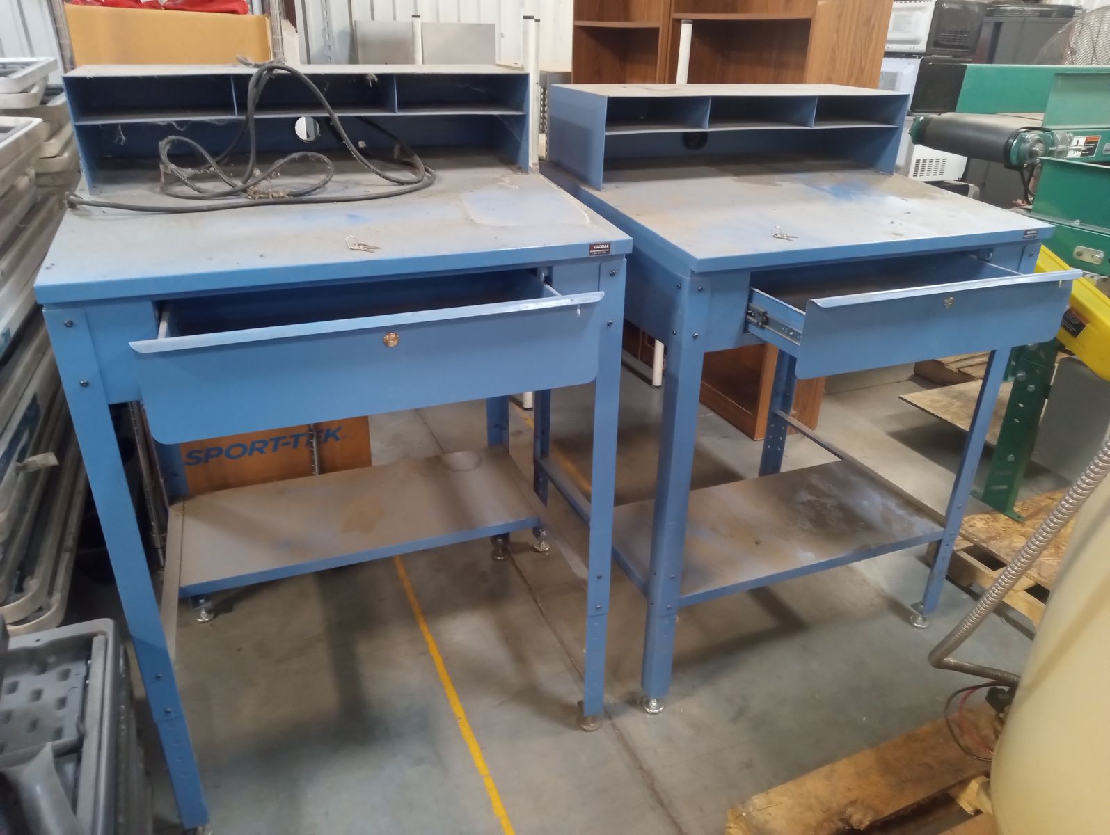 Global Industrial Blue Steel Workbenches with Drawers & Overhead Storage