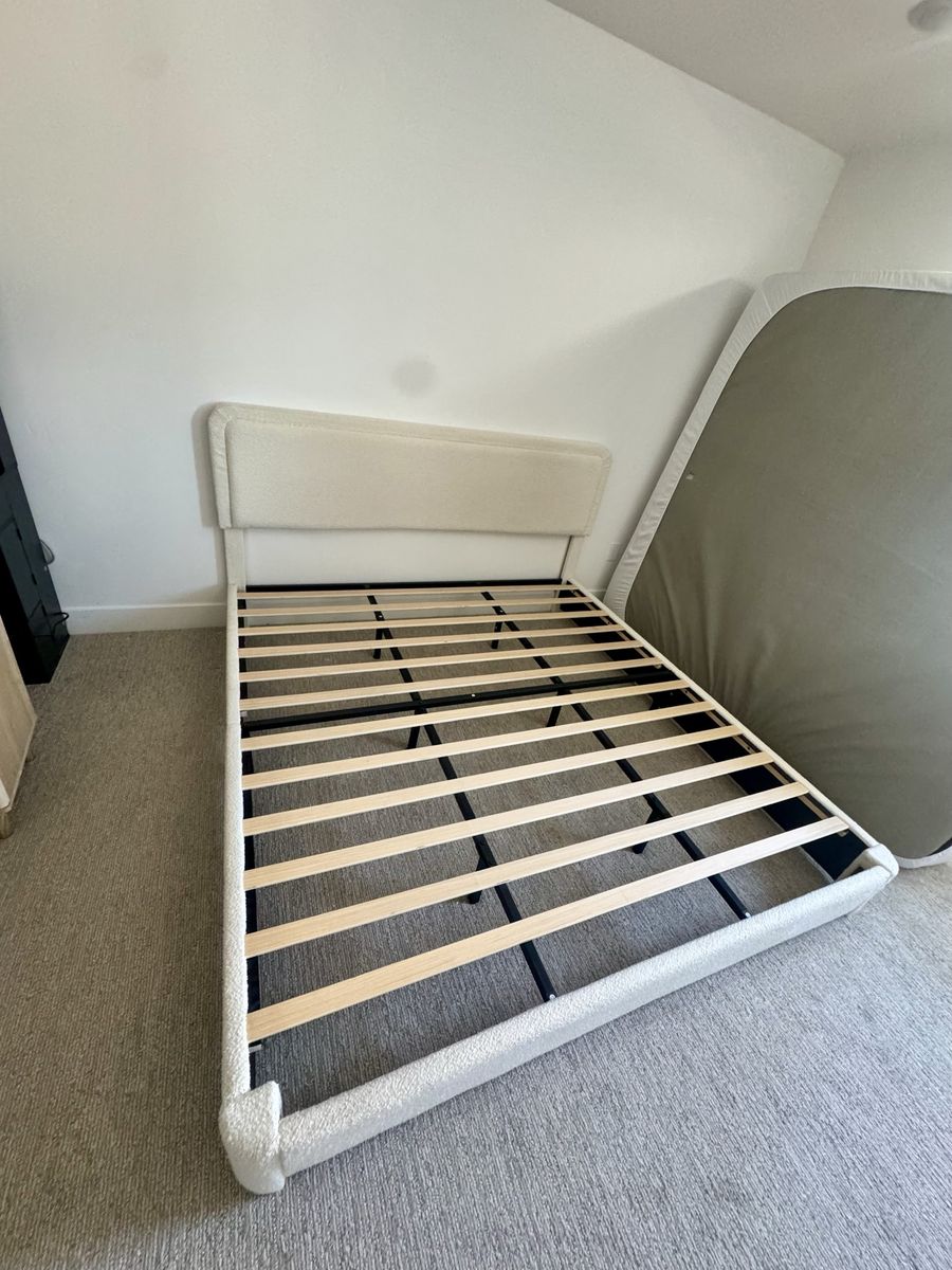 Cream Boucle Fabric King Platform Bed Frame with Wood Slats - Modern & Sturdy