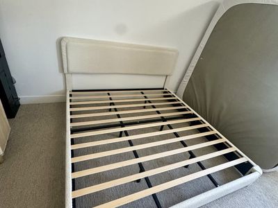 Cream Boucle Fabric King Platform Bed Frame with Wood Slats - Modern & Sturdy