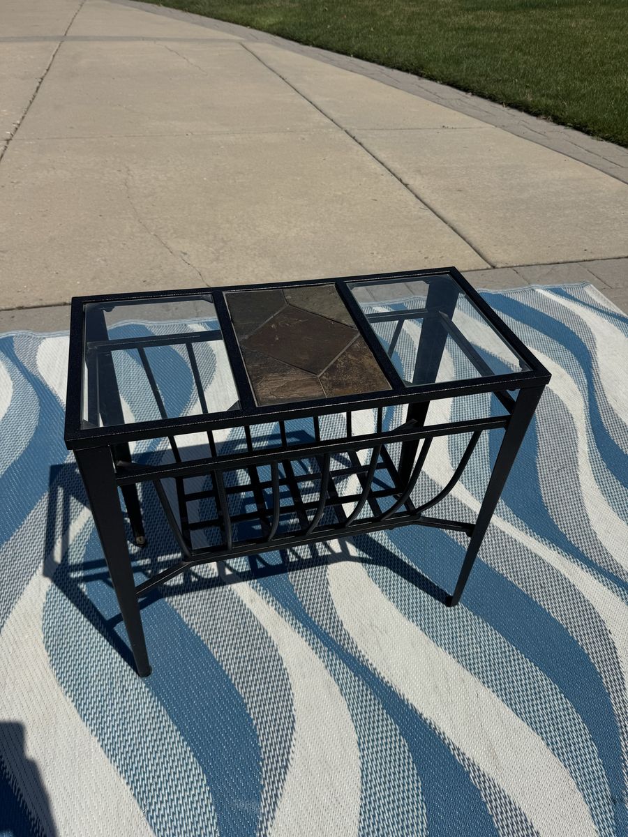 Metal Accent Table with Glass and Tile Top and Lower Rack