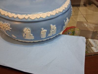 Vintage ceramic , baby blue decorative , covered dish with lid and white figures