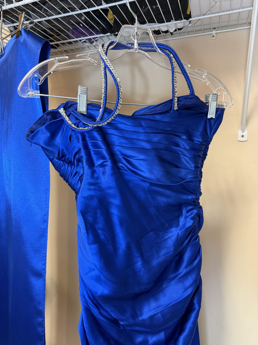 Sapphire Blue Gown with Rhinestones and Shoulder Wrap