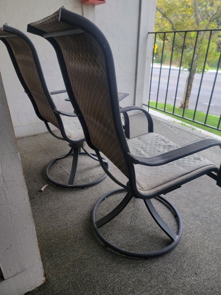 Patio Set - 2 Swivel Rocker Chairs and Tile Top Table - Damaged Fabric
