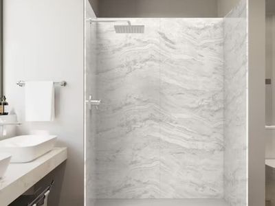 CASTICO Sierra Light 32 in. x 60 in. x 84 in. Solid Composite Stone Alcove Shower Kit with Walls and White Pan Base L/R Drain