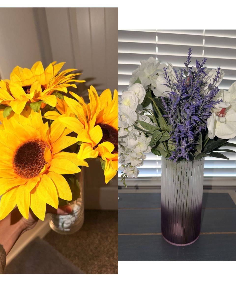 2 Flower Arrangements in Vase - Purple & White & Sunflowers 