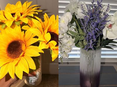 2 Flower Arrangements in Vase - Purple & White & Sunflowers