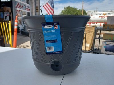 Suncast Hose Pot Decorative Garden Hose Storage Container Grey