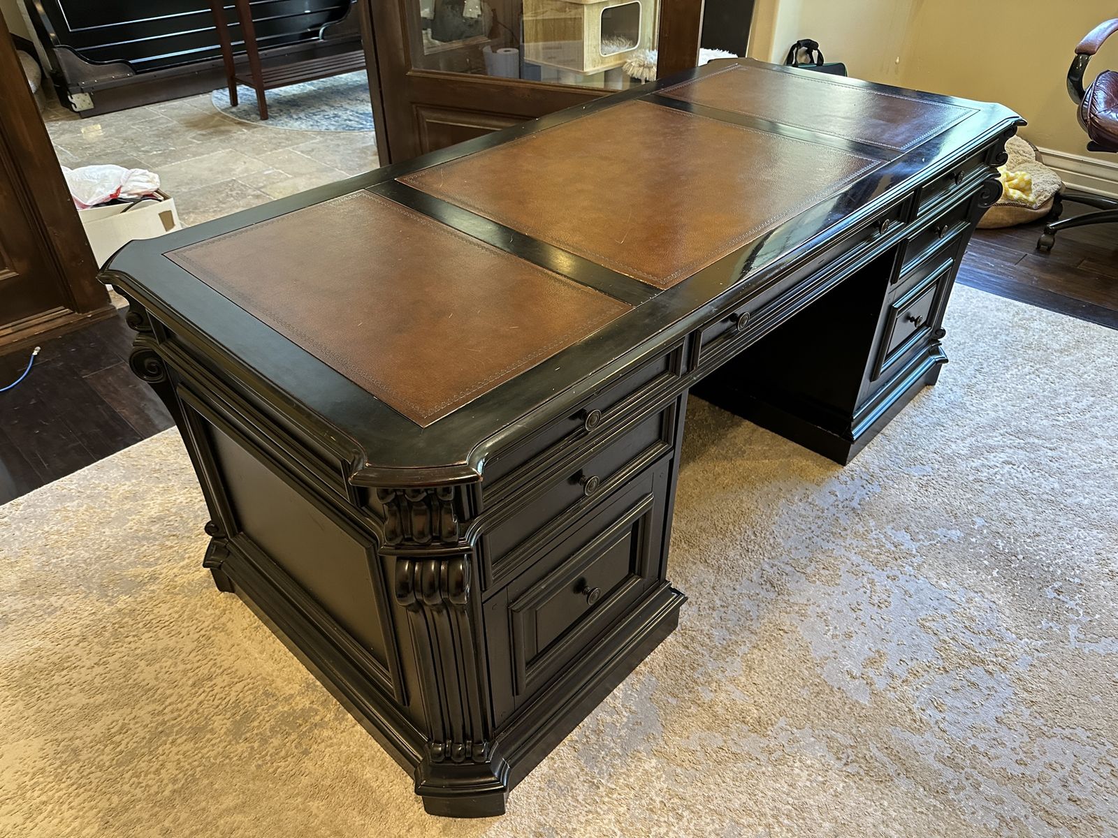 Massive Solid Wood Executive Desk – Black w/ Leather Top Inlay