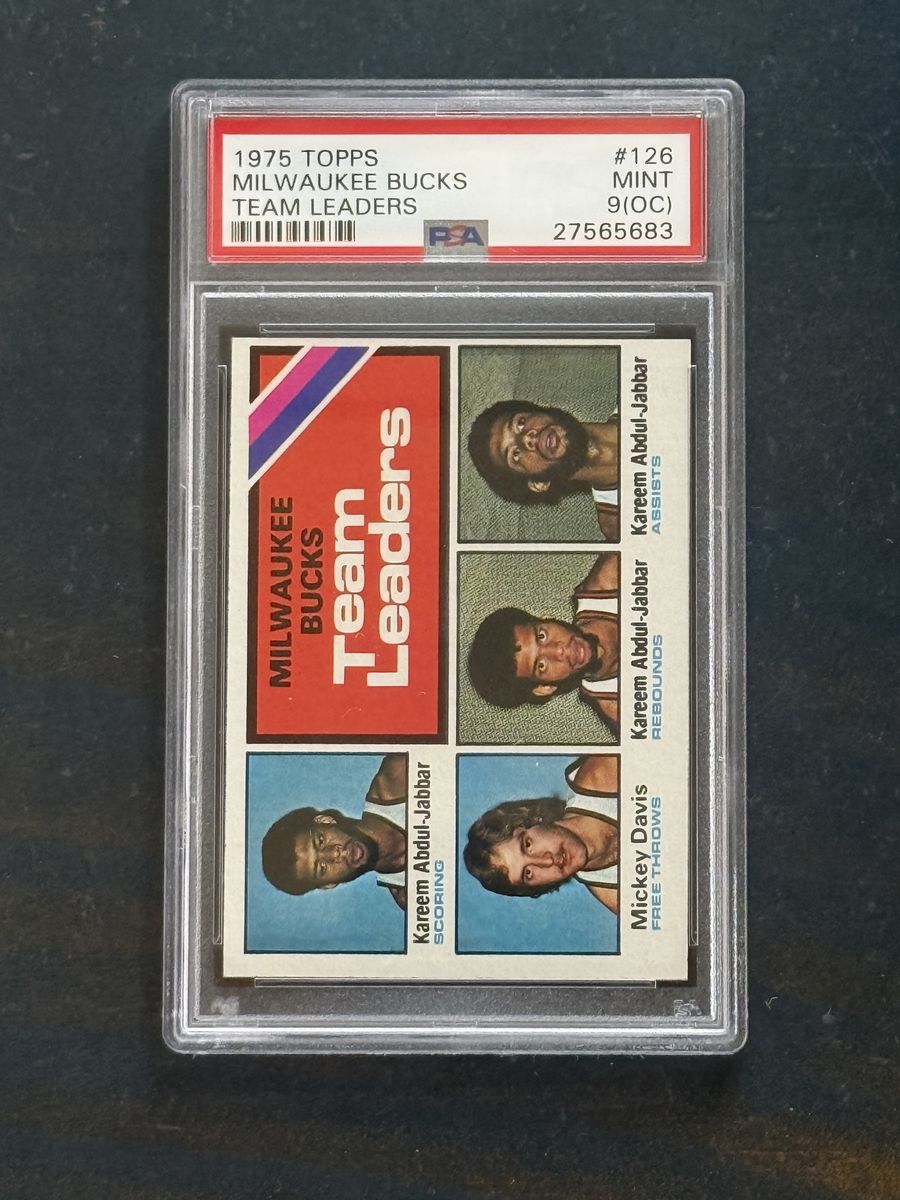 1975 Topps Milwaukee Bucks Team Leaders #126 Kareem Abdul-Jabbar PSA 9(OC) Mint Basketball Card