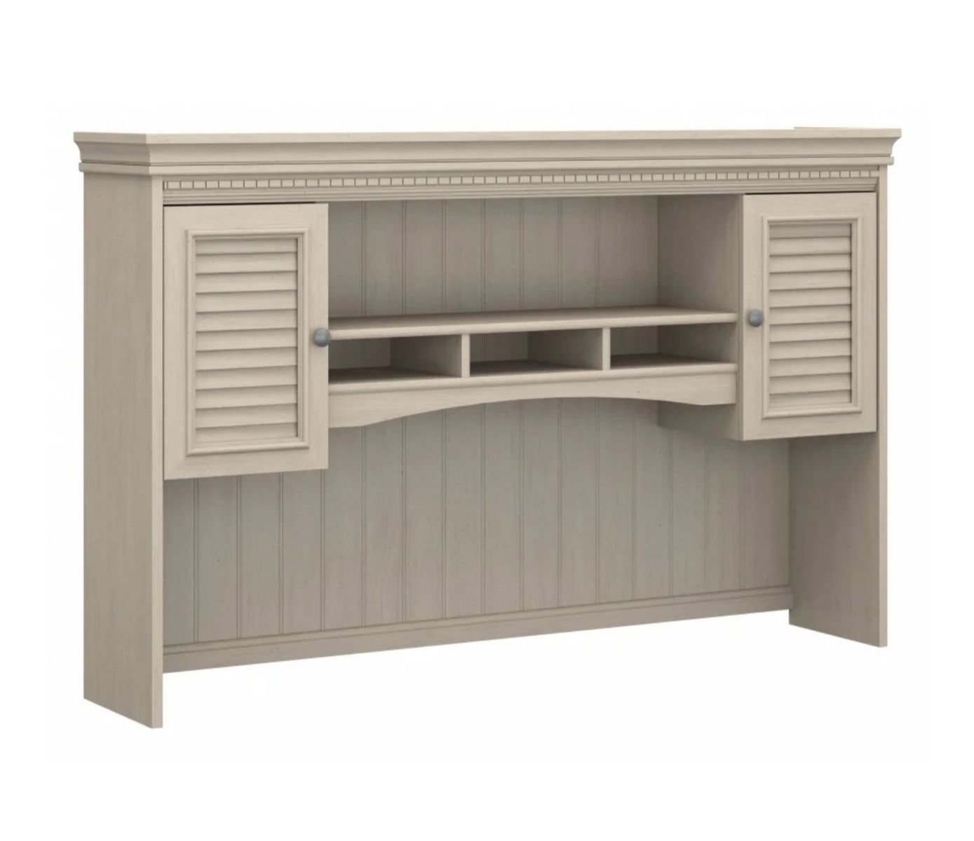 Antique White 60W Office Hutch with Louvered Doors and Cubbies