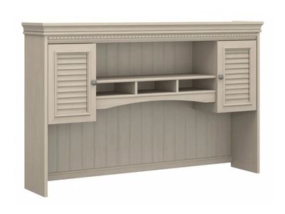 Antique White 60W Office Hutch with Louvered Doors and Cubbies