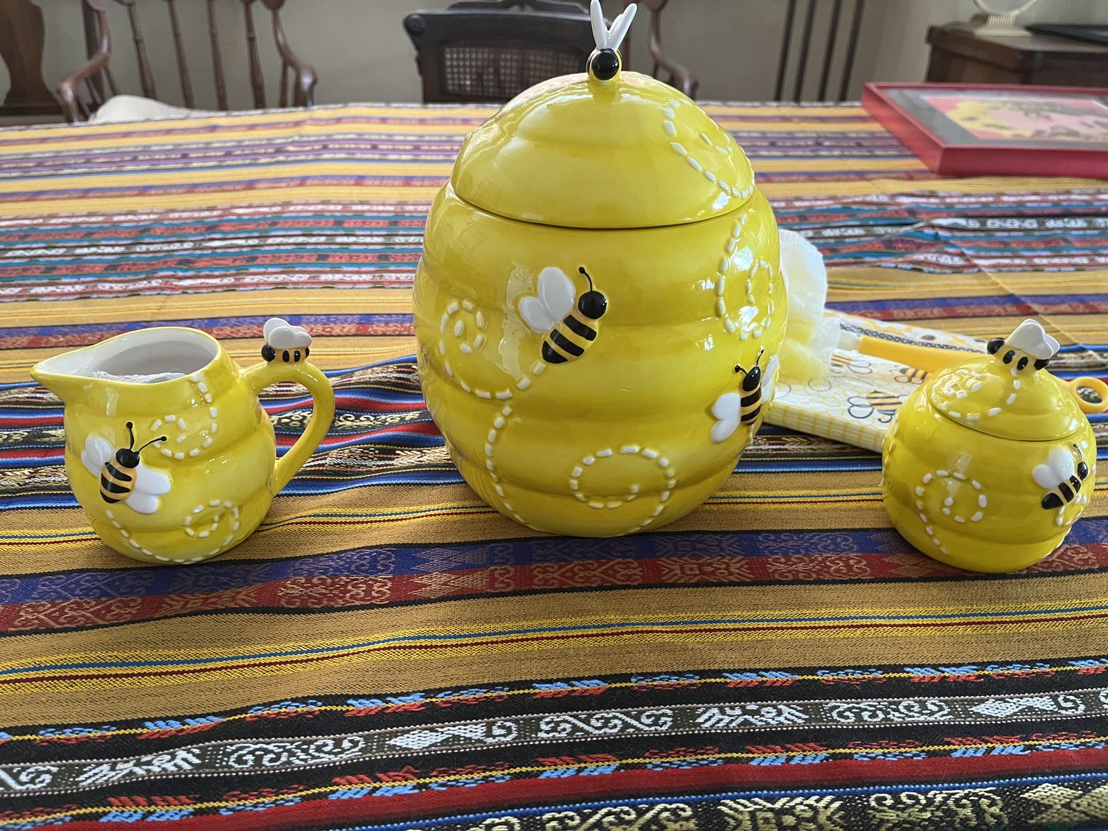 Ceramic Beehive Cookie Jar with Creamer and Sugar Bowl Set