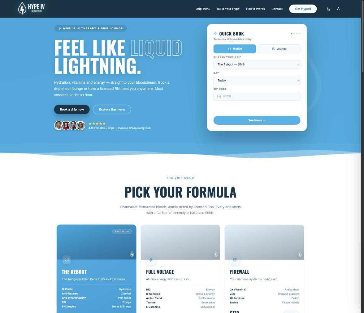 –	HypeIV.com — Turnkey Mobile IV Therapy Business | Bookable Site, 10-Formula Menu, Custom Configurator