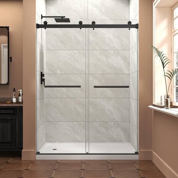 LOVMOR 55-60 in W x 76 in H Matte Black Reversible Installation Double Bypass Sliding Shower Door